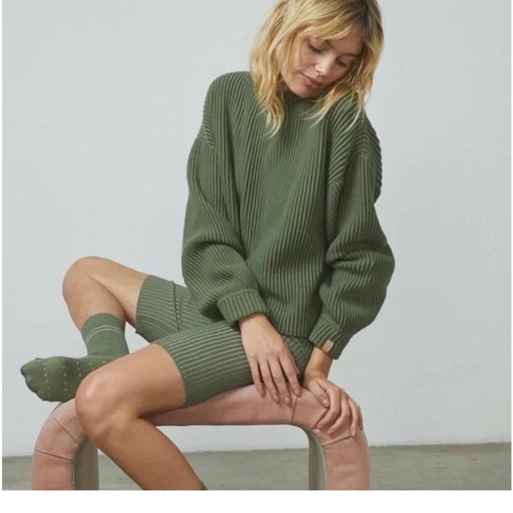 LUNYA Women's Green Ribbed Sweater and biker shorts set silk cotton